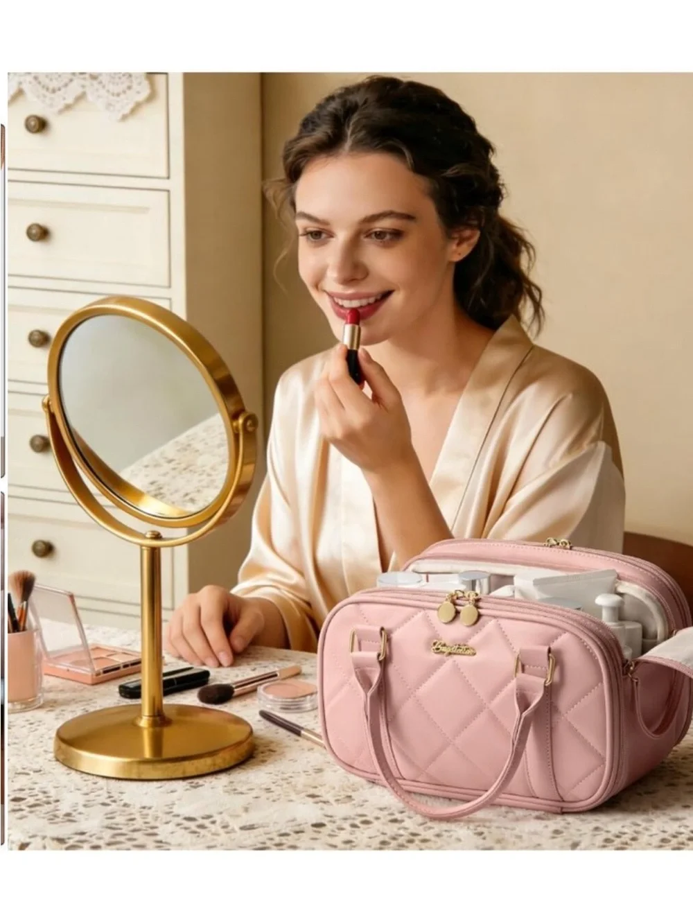 Large  new Capacity Quilted Travel Makeup Bag - Stand-Up Cosmetic Organizer Pouc